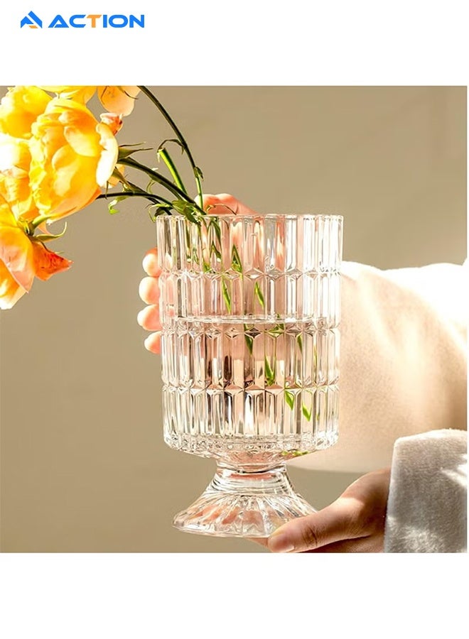 ACTION 7” Embossed Crystal Glass Vase – Transparent Pedestal Base Flower Vase, Hydroponic Bouquet Vase for Home, Office, Wedding & Table Decor (Long Rhombus Pattern) - Image 2